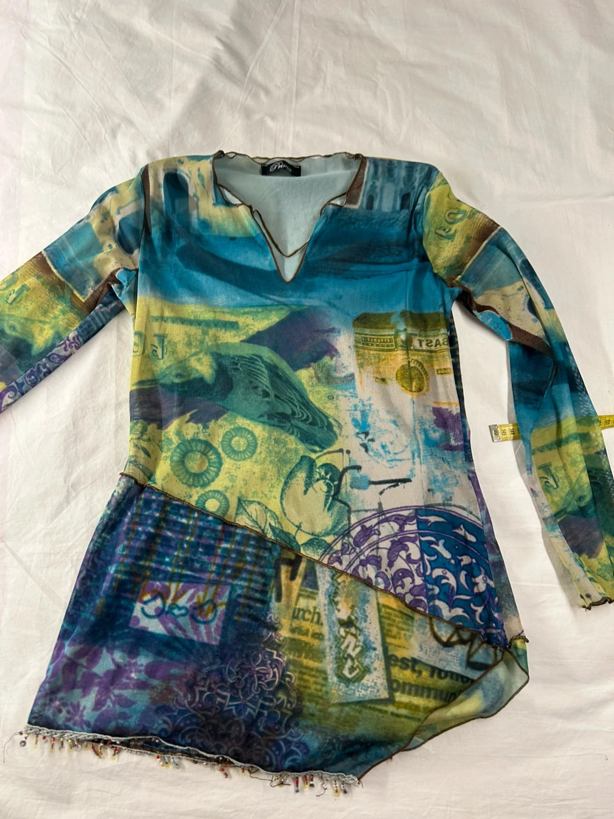 Lange mouw blouse tuniek veelkleurig prima paris vintage effect transparant kanten patronen – photo 2